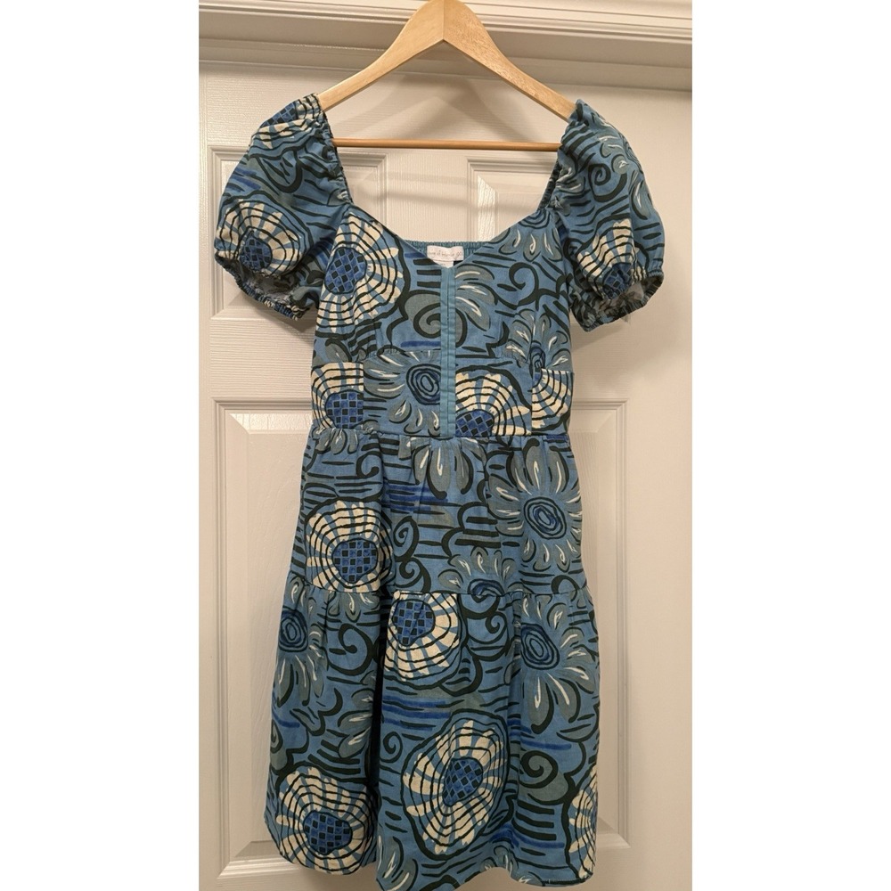 House of Harlow 1960 Mini Dress Women S Blue Linen Blend Floral Puff Sleeve Boho